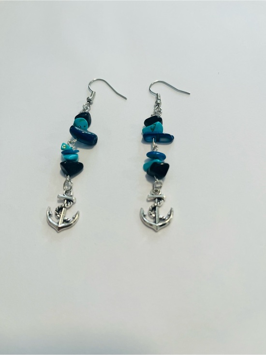 Hand Crafted Jewelry - Nautical Anchor Dangle Earrings Turquoise Navy Silver Handmade